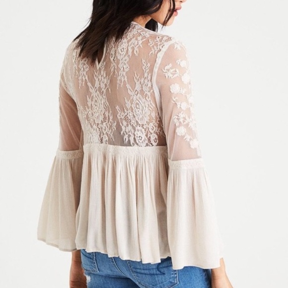 Free People Lace Peasant blouse long sleeves beige Size M New with tag - Picture 2 of 13